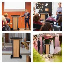 Podium Stand, Holz Podium mit Rädern, Lectern mit Lagerung, Mikrofon Stand Platz, 15MM Partikelplatte, Holz Kanzel für Restaurants, Kirchen, Seminare und Schulen, Das Podium verfügt über einen eleganten schwarzen Körper, ergänzt durch natürliche Holzfarbenen Platten und eine Oberfläche, die einen anspruchsvollen und eleganten Look bietet. Die Oberfläche ist mit einer doppelschichtigen Struktur ausgebildet, die sowohl die Stabilität als auch die Ästhetik verbessert. Das Podium ist mit minimalen Komponenten konzipiert, wodurch die Montage extrem einfach und schnell ist
