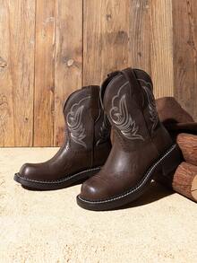 Women's Cowboy Western Ankle Booties, Thick Heel Slip-On Embroidered Square Toe Mid-Calf Fashion Boots, For Country Concerts, Rodeos, And Casual Outings,Autumn Winter Short Shaft Riding Boots - 巧克力棕 - 查看 7