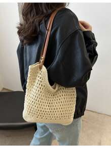 Women Summer New Versatile One Shoulder Beach Vacation Woven Straw Tote Bag