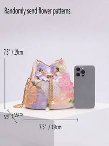 1 Pc Colorful PVC Flower Decor, Mesh Embroidery Jacquard Flower Pattern Chain Pearl Bucket Bag, Fashionable Shoulder Bag, Crossbody Bag (Random Flower Pattern) - Baby Pink - View 3