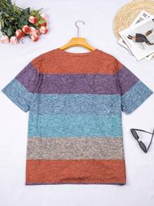 Women Plus Size Striped V-Neck Casual T-Shirt Tops, Summer