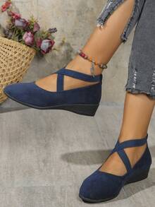 Calzado de mujer 2025 Primavera y Verano Tallas grandes Estilo retro europeo y americano con cuña Slip-On Puntera redonda con tiras elásticas cruzadas - Azul - Ver 14