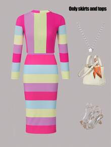 Women's Autumn/Winter Striped Skirt Set, Colorful Round Neck Long Sleeve Top Paired With Fitted Skirt, 2 Pieces Set Spring Elegant - Multicolor - View 4