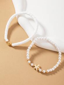 Conjunto de 2 tornozeleiras clássicas com miçangas e estrela do mar, adequadas para uso em praia/resort