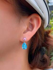 1 Pair Icy Cracked Blue Pink Cubic Zirconia Silver Plated Water Drop Shape Dangle Earrings, Women Cute Costume Jewelry Accessories For Wedding, Party, Prom, Brides, Bridesmaids, Female, Ladies Gift