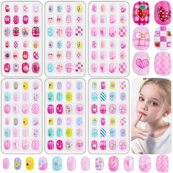 144 Pieces Press On Nails Grils, Thrilez Children Fake Artificial False Nail Tips Pre Glue Full Cover Short Acrylic Nails For Girls Kids Nail Art Decoration (Rainbow Sky)