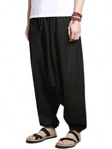Men's Drawstring  Hippie Harem Pants Loose Drop Crotch Trousers-2025 - Đen thuần khiết - Xem 7