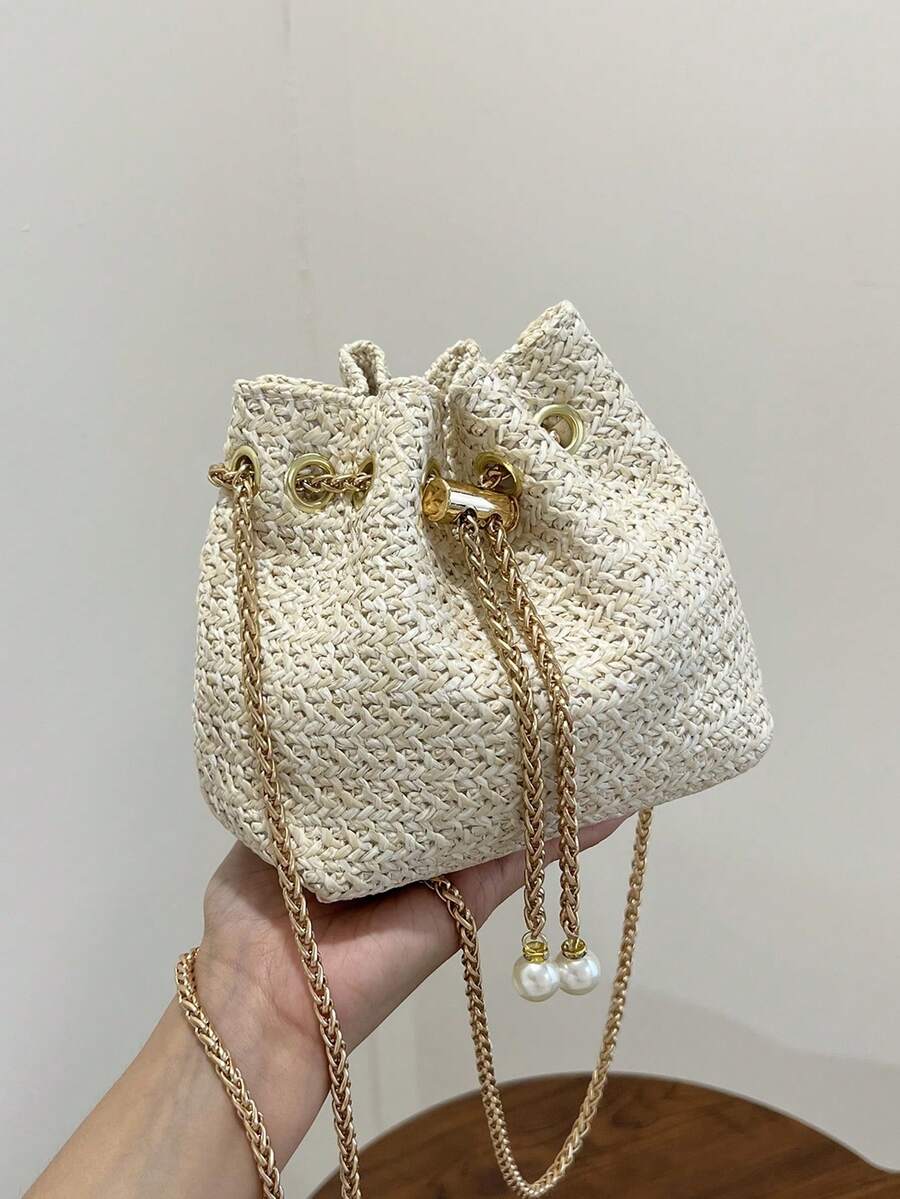 2025 New Woven Small Bucket Bag For Women, Chic Drawstring Chain Shoulder Messenger Bag - Beige - View 1