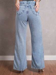 Women's Wide Leg Ripped Jeans High Waist Lycra Free Wide Leg - Medium Wash - View 2