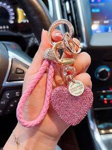 1pc Creative New Fashion Personalized Alloy Rhinestone Heart Shaped Bag Charm, Studded Keychain, Leather Cord Car Key Chain, For Bag Decor, Daily Wear, Suitable As Gift For Family, Friends, Classmates, Valentine's Day, Birthday, Teacher, Souvenir - Multicolor - View 3
