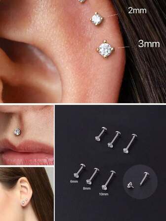 2pcs Stainless Steel Internal Thread Labret Ear Studs Piercing Jewelry CZ Cartilage Helix Tragus Nose Earrings For Women Lip Stud