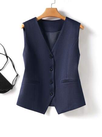 Chaleco de mujer de unicolor, chaqueta con cuello en V, estilo primavera otoño, elegante para ir al trabajo, ropa de mujer