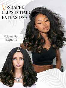 DUOZIMEI 22 Inch Mixed Brown African Curly U/V Part Wig, Fluffy Curly, Synthetic Fiber Fluffy Straight Hair, No Glue, Women Half Head Wig Without Clips - Brown - View 3