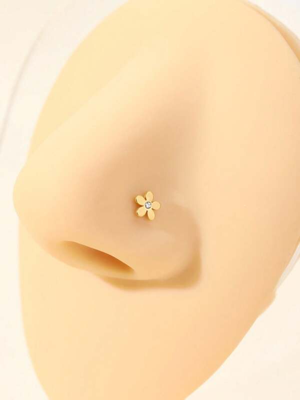 1 Peça Brinco/piercing de nariz em aço inoxidável minimalista, estilo flor de 5 pétalas com strass no centro, dourado/prata, adequado para uso diário feminino