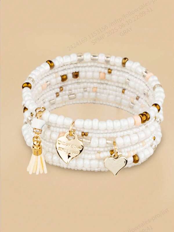 1 Set Delicate Girl Style Beaded Heart Letter Pendant Stacked Bracelet Combo, Women Fashion Jewelry For Date/Daily Wear