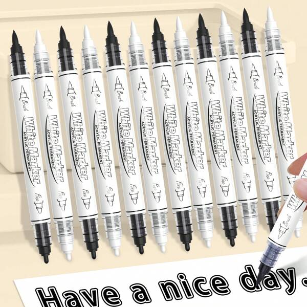 3pcs/6pcs/10pcs Straight Stroke Acrylic Paint Pens, Black And White Water-Based Acrylic Markers With Soft Brush Tips For Fabric, Canvas, Rocks, Glass, Wood, Paper, DIY Crafts, School And Art Supplies, Back To School