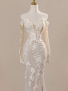 Luxurious Off-The-Shoulder Long Sleeve Florence Lady Resort White Tail Mermaid Wedding Dresses Bridal