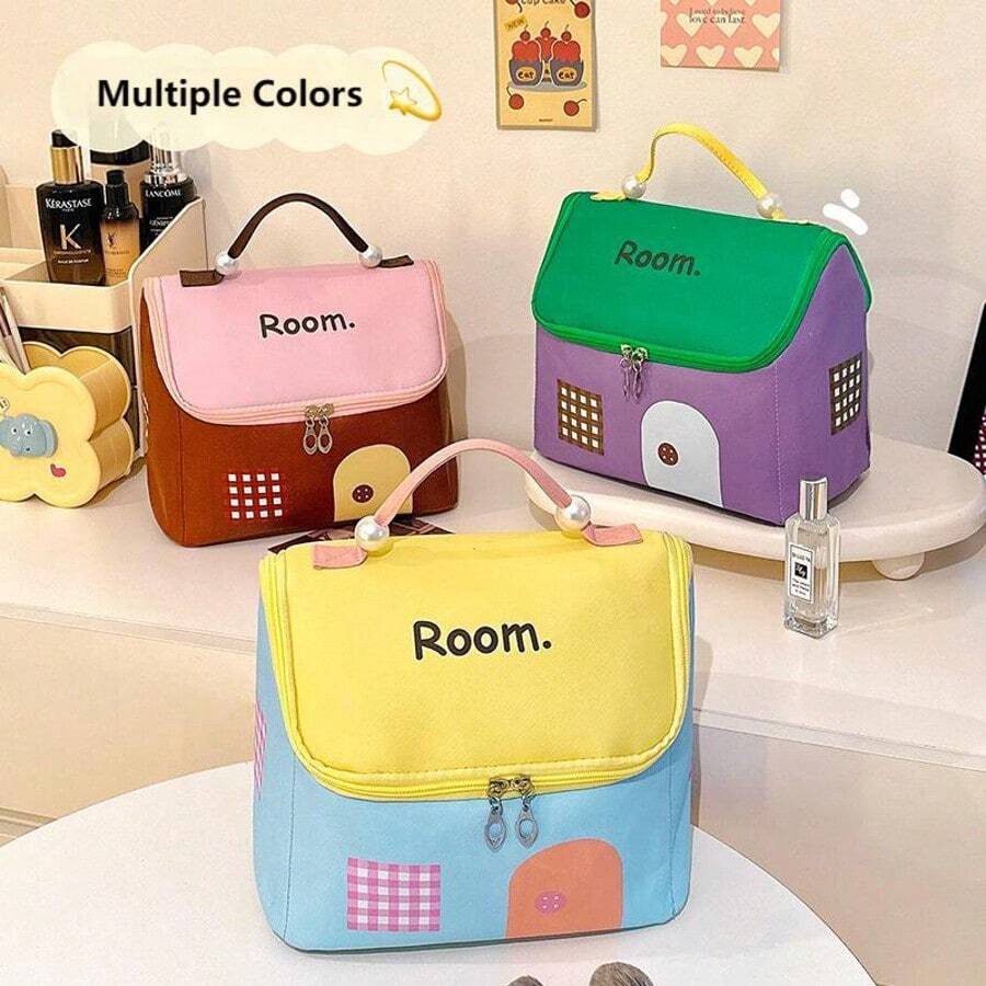 1 件装 PU 化妆包 可爱房子形状旅行化妆包 洗漱用品收纳盒 可装刷子和珠宝