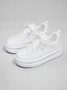 Women's Simple Pure White Leather Patchwork Lace-Up Casual Flat Sneakers, Comfortable Street Casual Outdoor Campus Sports Shoes