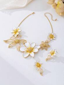 Conjunto de 3 peças de colar e brincos com pingente de flor esmaltada elegante, adequado para mulheres como uso diário ou presente de feriado