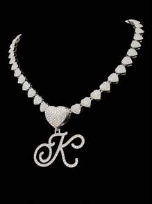 1pc Women's Letter Pendant Necklace With 20-Inch Fully Diamond Heart Necklace, Fashionable Retro Hip Hop Pendant Necklace, Elegant Valentine's Day Gift Suitable For Women And Girls For Daily Wear Or Parties