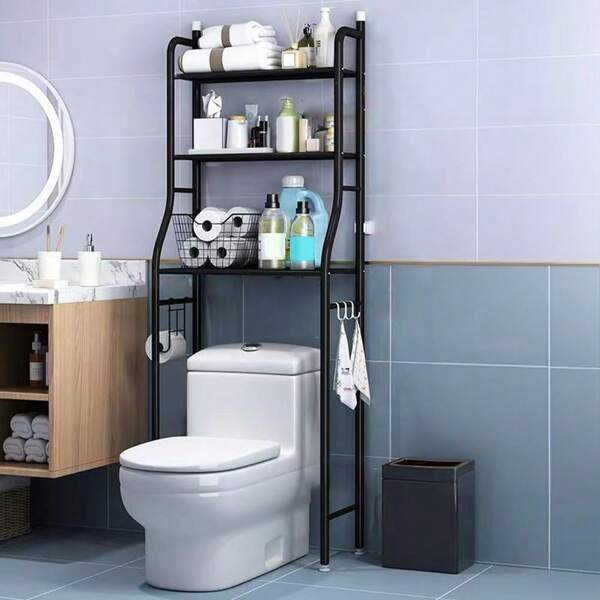 mteryoing 3-Tier Over The Toilet Storage - No Drill Floor Standing Cabinet With Paper Holder & Hooks | Space Saving Bathroom Organizer | Wrought Iron Shelf (Black, 15" Depth)