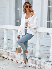 Women's Oversized Cute Crochet Cardigan Casual Lightweight Hollow Out V Neck Open Front Sweater - trắng - Xem 4