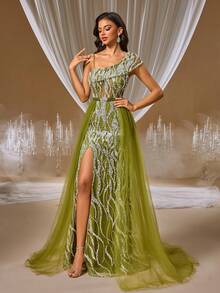 GIFORU Lavender Quartz & White Mermaid Gown Sheer Illusion One-Shoulder Dress With Silver Sequin Beading & Tulle Skirt Perfect For Gala Wedding Or Red Carpet - Olive Green - View 10