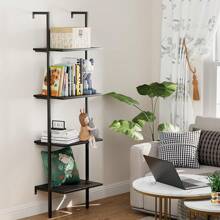 Ladder Shelf 4 Tiers Metal Industrial Bookshelf,Black Wooden Tall Open Storage Rack And Display Shelves,Wall Mount Wide Book Case For Home Office Bedroom,Small