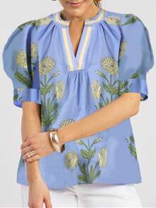 Women Floral Peplum Tops Flutter Short Sleeve V Neck Tie Front Ruffle Boho Tank Patchwork Babydoll Top Y2k Blouse - 藍色 - 查看 1