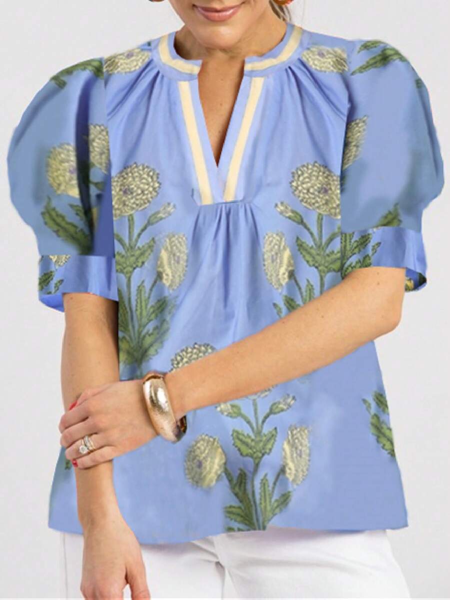 Women Floral Peplum Tops Flutter Short Sleeve V Neck Tie Front Ruffle Boho Tank Patchwork Babydoll Top Y2k Blouse - 藍色 - 查看 1