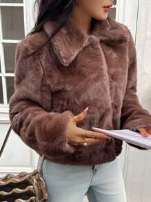 DEEKA 冬季新款仿貂皮草大衣女短款宽松修身高端加厚毛茸茸外套 - 棕色 - 查看 8