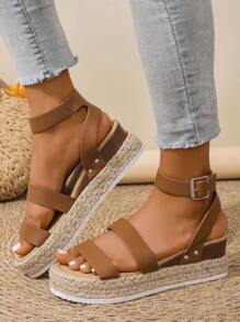 Women's Strap Buckle Sandals, Summer Casual Fashion Wedge Platform Sandals, Solid Color Bohemian Strappy Woven Shoes, Suitable For Spring & Summer