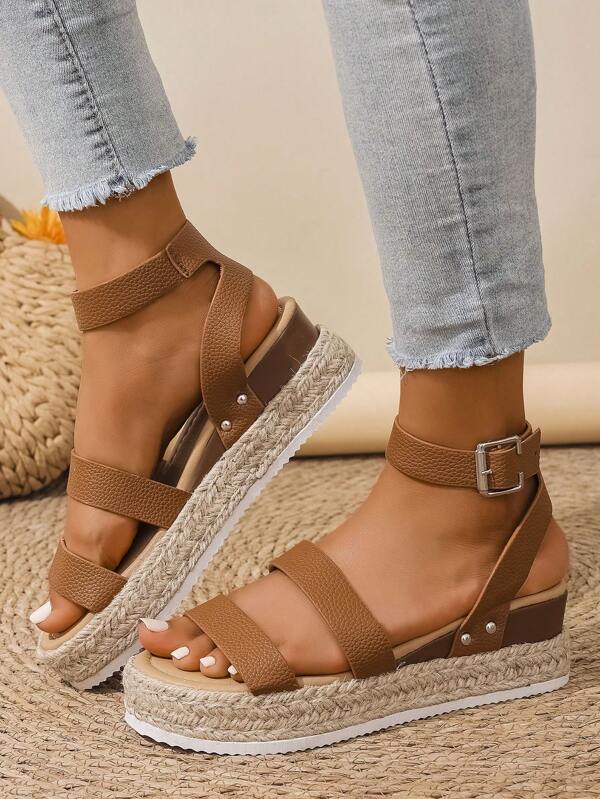 Women's Strap Buckle Sandals, Summer Casual Fashion Wedge Platform Sandals, Solid Color Bohemian Strappy Woven Shoes, Suitable For Spring & Summer