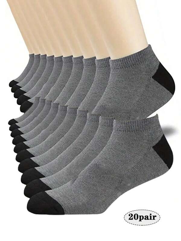 20 Pairs Breathable Color Block Athletic Boat Socks For Men, Summer, Thin