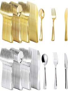 150pcs/75pcs Decorative Silverware Set (Plastic) - Including 50pcs Forks, 25pcs Knives, 25pcs Tablespoons - Reusable Wedding Cutlery Set For Dining, Parties, Dinners, Weddings, Kitchen And Valentine's Day,School Supplies