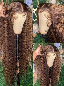 1 Parrucca lunga ondulata con frontalino in pizzo, lunghezza 30-34 pollici, capelli umani con ombre e riflessi color miele biondo, parrucca da donna con capelli naturali ondulati