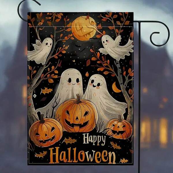 [Decorações de Halloween] 1 bandeira de jardim de Halloween - Fantasmas assustadores, abóboras, texto de Feliz Dia das Bruxas - Decoração externa dupla face, faixa de jardim à prova de intempéries e resistente ao desbotamento - Não precisa de mastro, lavável à máquina - Para varanda, gramado, decoração de festa - 12 x 18 polegadas - Decoração de Halloween, decoração de varanda, decoração com tema de outono