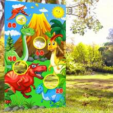 Dinosaur Themed Toss Game Banner, Realistic Dinosaur Party Cornhole Game Set With 4 Bean Bags, 4 Cornhole Holes For Indoor & Outdoor, Birthday Party Decor, Decorative Yard Hanging Banner