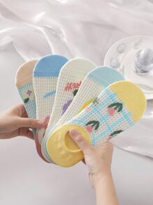 5 Pairs Of Women's Socks, Playful Floral Cute Candy Color Women's Short Socks Ankle Socks, Daily Casual Wear