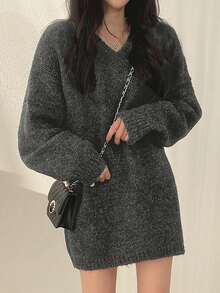Korean Chic Oversized V-Neck Mid-Length Pullover Sweater Top For Women - Dark Grey - View 1