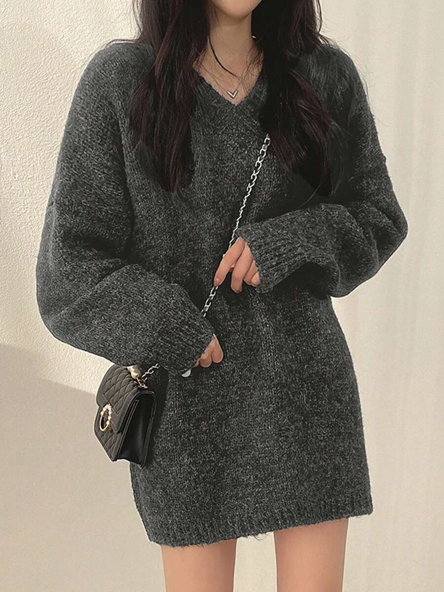 Korean Chic Oversized V-Neck Mid-Length Pullover Sweater Top For Women - Dark Grey - View 1