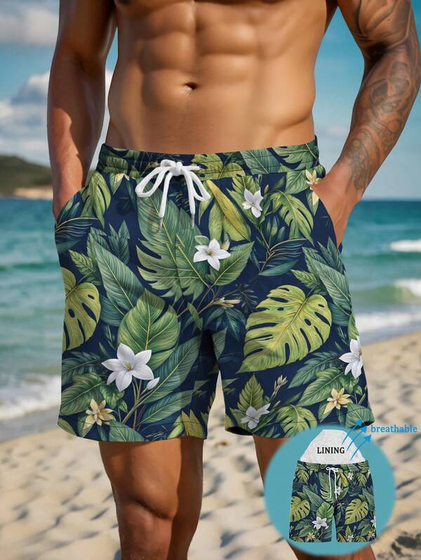 Pantalones cortos de verano para hombres con estampado impreso, cintura con cordón, bolsillo en diagonal, secado rápido de doble capa con forro de malla, shorts de playa con estampado 3D de flores tropicales, ropa de playa de moda casual