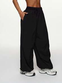 Spodnie sportowe Cargo z szerokimi nogawkami - Regulowane ściągacze przy kostce - Spodnie dresowe Streetwear Utility dla kobiet Rajstopy - Czarne - Zobacz 2