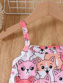 少女印花卡通图案可爱细肩带连衣裙 - 粉色 - 查看 4