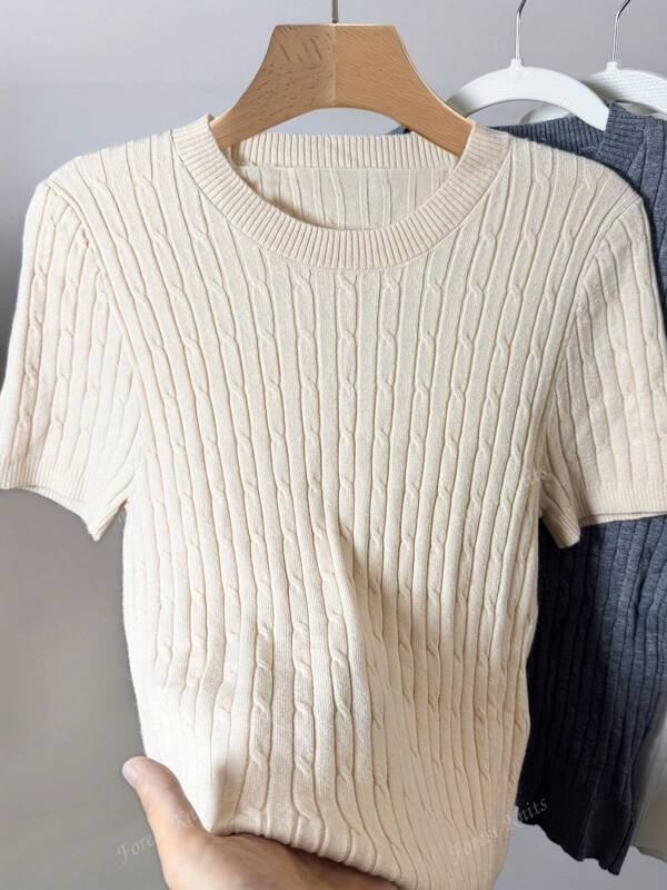 Damen lässiges Sommer Kurzarm-Top - Rundhalsausschnitt mit strukturierter Linie, atmungsaktiver H-förmiger Schnitt, maschinenwaschbares Shirt Einfarbig, bequem und modisch, minimalistisches Ästhetik, weicher Stoff
