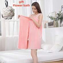 Ladies' Bath Towel, Pocket Wearable Bath Towel, Ultra Soft Adjustable Bathrobe, Bathroom Beach Swimming Changing Clothes, Ideal Household Items, Beach Essentials, Coral Fleece Bath Skirt, Multifunctional Bath Towel+Bath Flower - 米色 - 查看 2