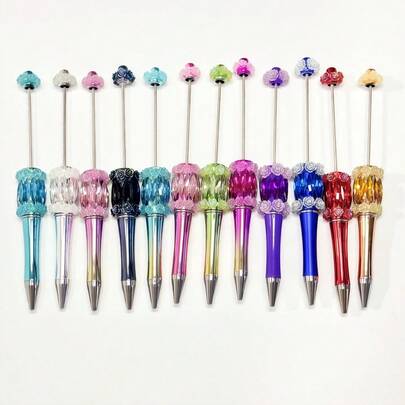 12pcs Set Luxury Uv-Plated Heavy Industry Gemstone Flower Beaded Ballpoint Pen Jewelry Diy Stationery Accessories Holiday Gift