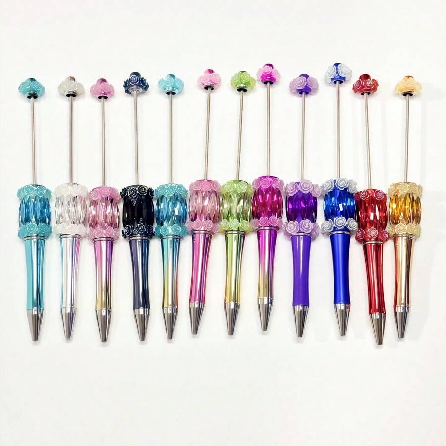 12 Stück Set Luxus UV-beschichteter Kugelschreiber mit schweren Industrie-Edelstein-Blumen-Perlen, DIY Schreibwaren Accessoires, Geschenkidee