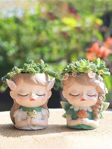 1件，仙女头梳妆台，精致多肉花盆，四个带有女孩脸孔的花盆，可爱的树脂仙人掌笔筒，适合开业季节笔筒和女性礼物和花园装饰，母亲节的最佳礼物。